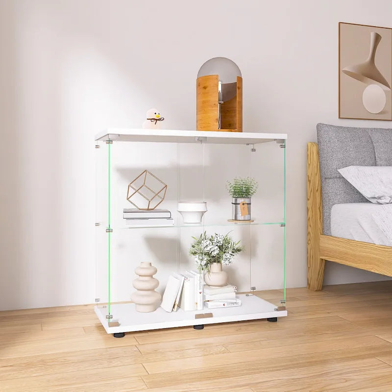 Zweitüriger Glasvitrinenschrank, 2 Einlegeböden mit Tür, Standvitrine Bücherregal für Wohnzimmer Schlafzimmer Büro