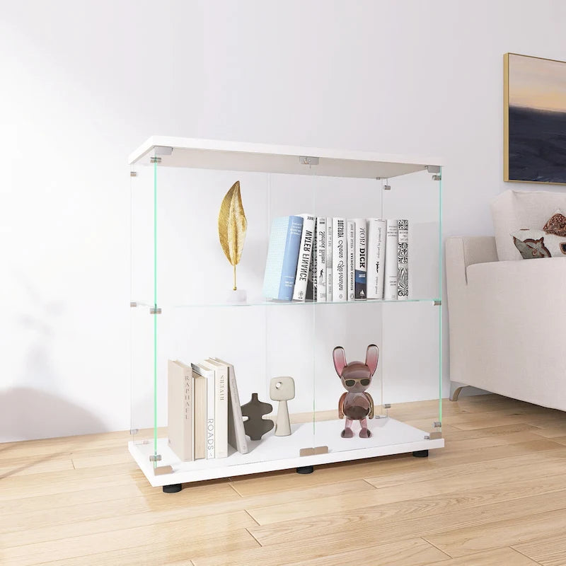Zweitüriger Glasvitrinenschrank, 2 Einlegeböden mit Tür, Standvitrine Bücherregal für Wohnzimmer Schlafzimmer Büro