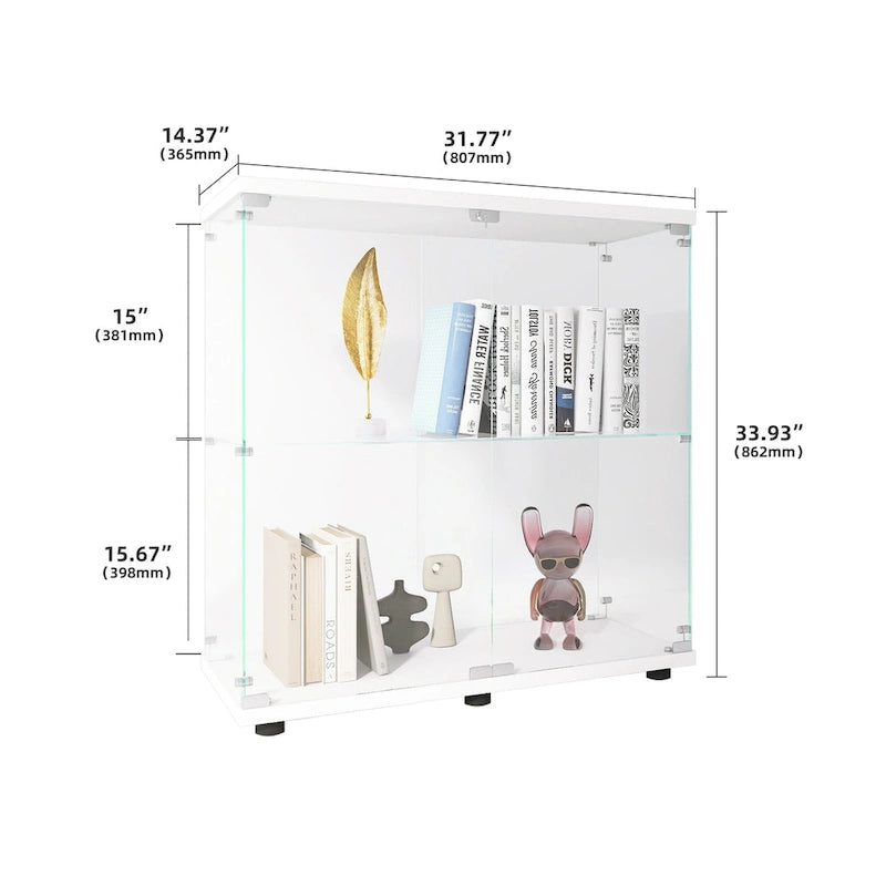 Zweitüriger Glasvitrinenschrank, 2 Einlegeböden mit Tür, Standvitrine Bücherregal für Wohnzimmer Schlafzimmer Büro