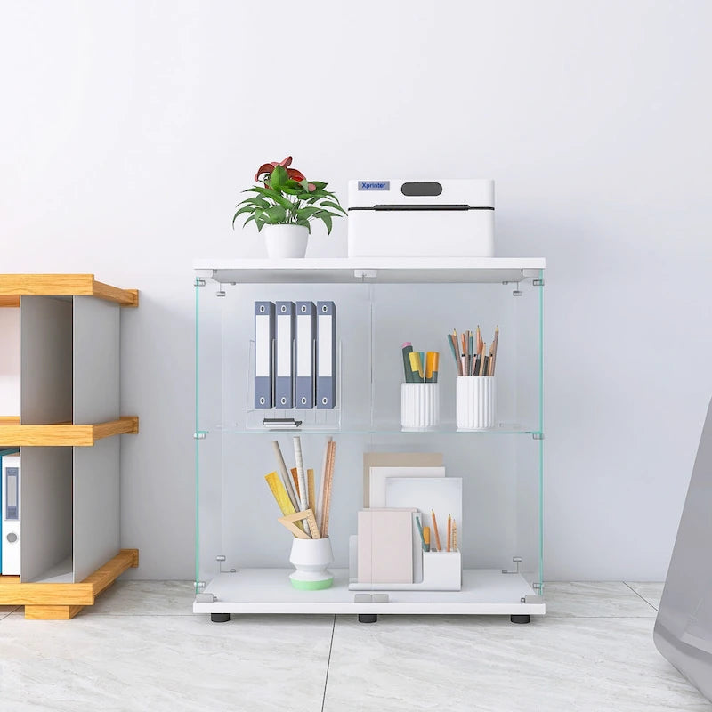 Zweitüriger Glasvitrinenschrank, 2 Einlegeböden mit Tür, Standvitrine Bücherregal für Wohnzimmer Schlafzimmer Büro