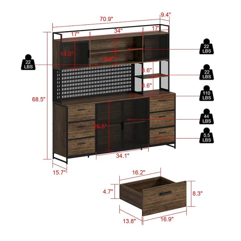 70.9W Küchenschrank mit Speisekammer, Schrank und Mikrowellenständer
