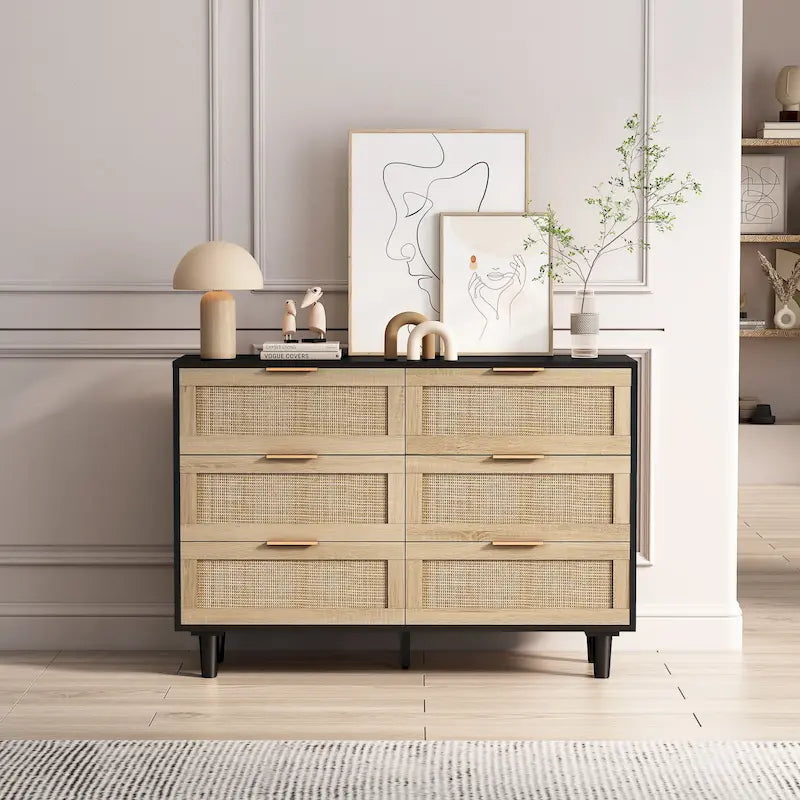 Rattan-Aufbewahrungsschrank mit 6 Schubladen, Rattanschublade, für Schlafzimmer, Wohnzimmer, Holzfarbe
