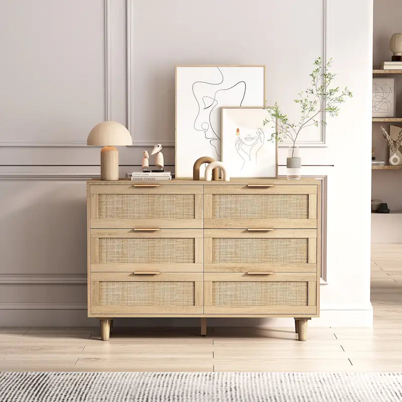 Rattan-Aufbewahrungsschrank mit 6 Schubladen, Rattanschublade, für Schlafzimmer, Wohnzimmer, Holzfarbe