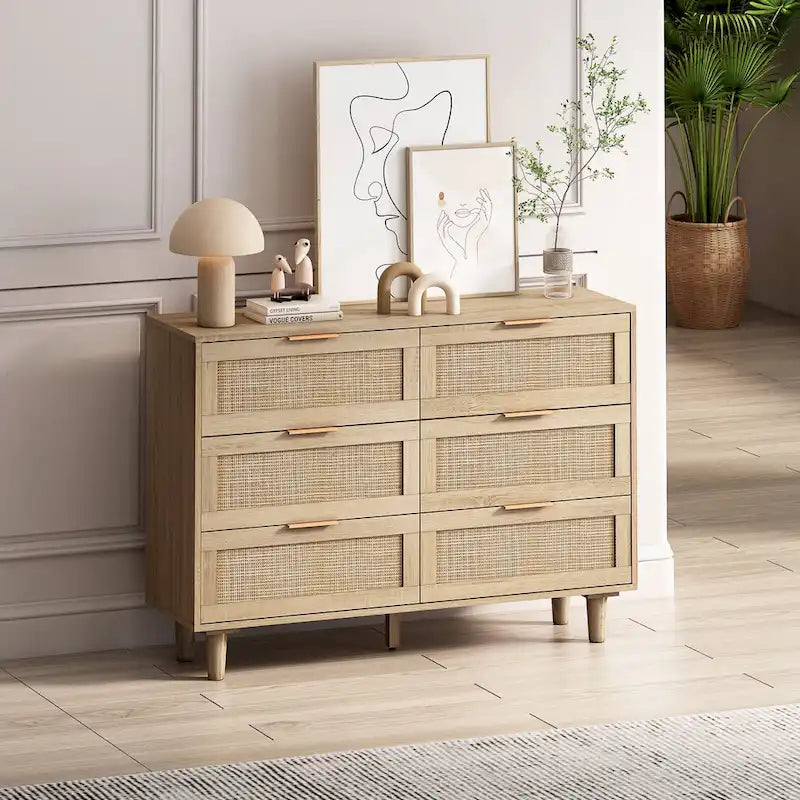 Rattan-Aufbewahrungsschrank mit 6 Schubladen, Rattanschublade, für Schlafzimmer, Wohnzimmer, Holzfarbe