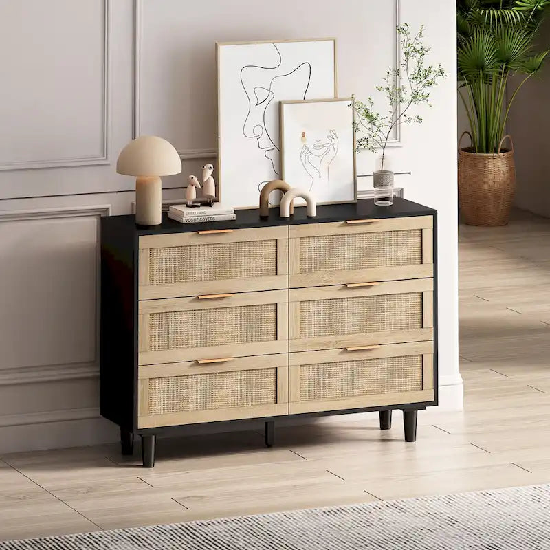 Rattan-Aufbewahrungsschrank mit 6 Schubladen, Rattanschublade, für Schlafzimmer, Wohnzimmer, Holzfarbe