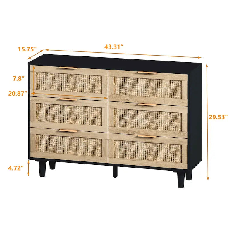Rattan-Aufbewahrungsschrank mit 6 Schubladen, Rattanschublade, für Schlafzimmer, Wohnzimmer, Holzfarbe
