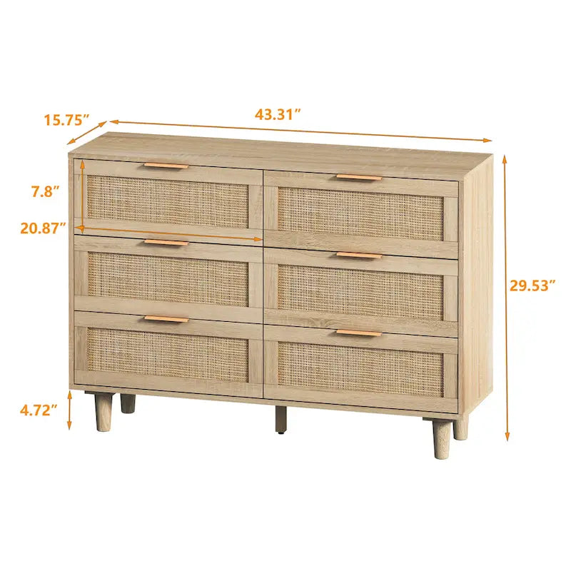 Rattan-Aufbewahrungsschrank mit 6 Schubladen, Rattanschublade, für Schlafzimmer, Wohnzimmer, Holzfarbe