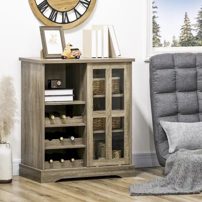 Modernes Sideboard mit Weinregalen und Glasschiebetür - Grau