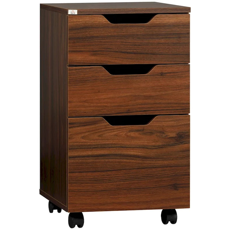 Büroschrank mit 3 Schubladen, Rollcontainer für Schlafzimmer, Wohnzimmer, braune Holzmaserung