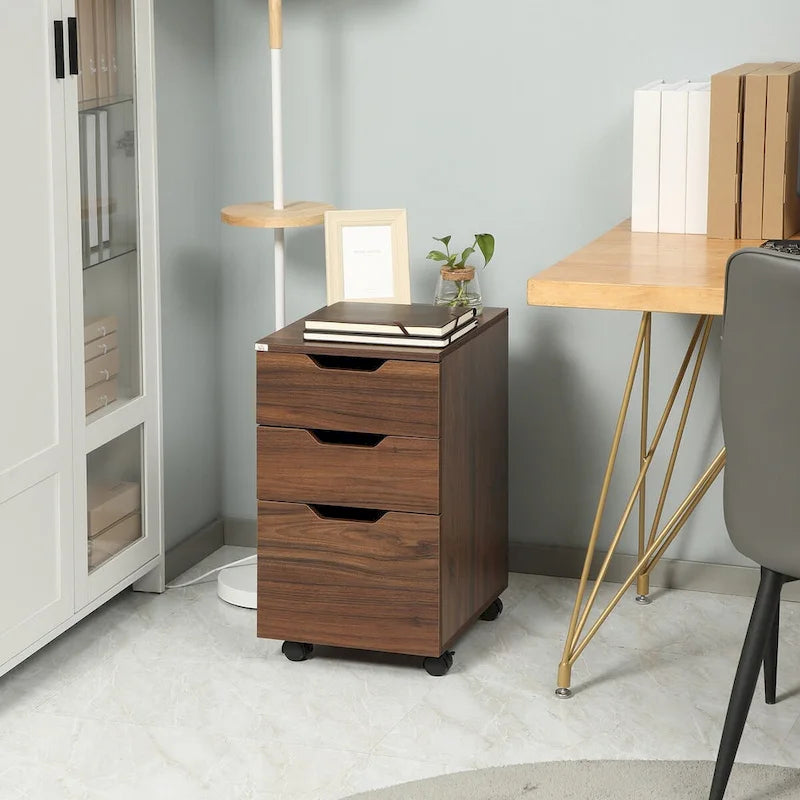 Büroschrank mit 3 Schubladen, Rollcontainer für Schlafzimmer, Wohnzimmer, braune Holzmaserung