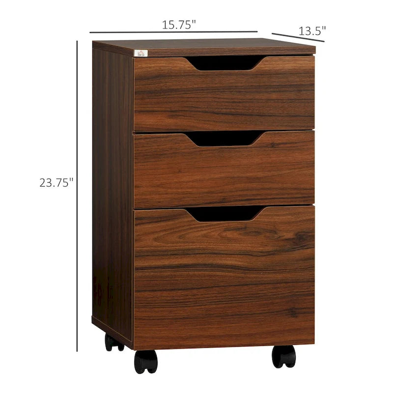 Büroschrank mit 3 Schubladen, Rollcontainer für Schlafzimmer, Wohnzimmer, braune Holzmaserung