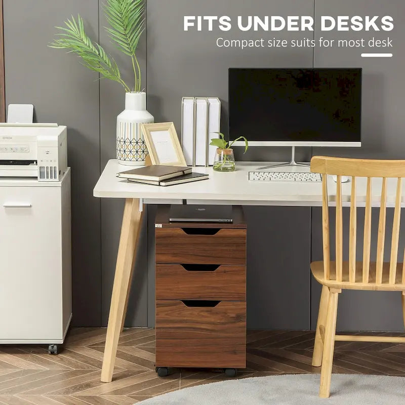 Büroschrank mit 3 Schubladen, Rollcontainer für Schlafzimmer, Wohnzimmer, braune Holzmaserung