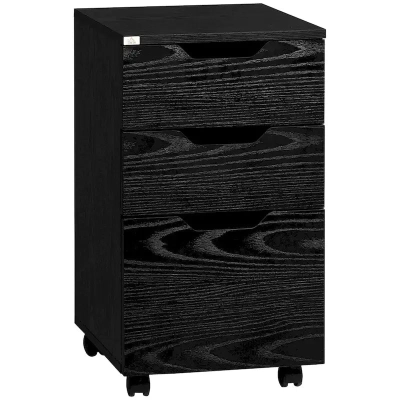 Büro-Rollcontainer mit 3 Schubladen, Schrank unter dem Schreibtisch mit Rollen, Schwarz Holzmaserung