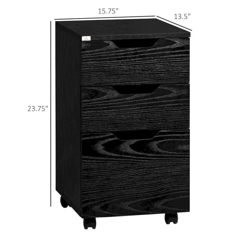 Büro-Rollcontainer mit 3 Schubladen, Schrank unter dem Schreibtisch mit Rollen, Schwarz Holzmaserung