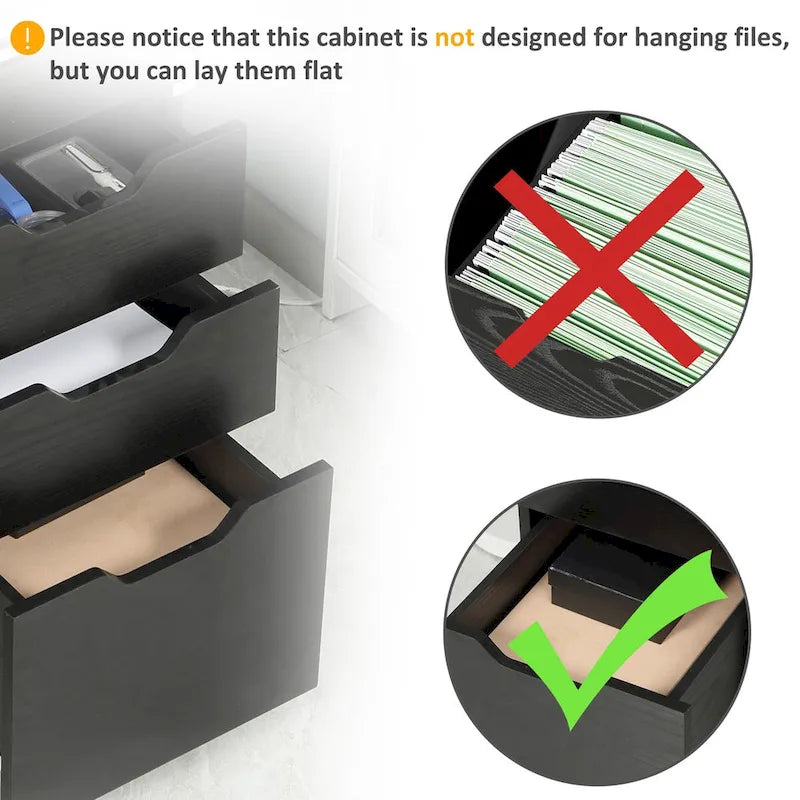 Büro-Rollcontainer mit 3 Schubladen, Schrank unter dem Schreibtisch mit Rollen, Schwarz Holzmaserung