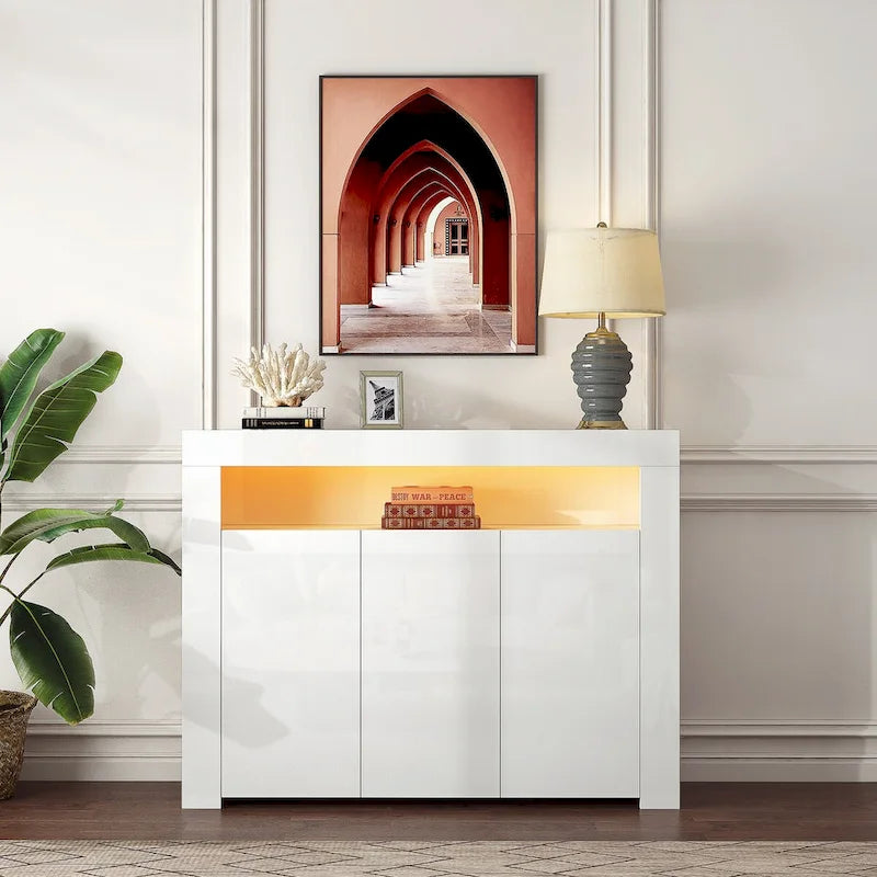 Schwarz Hochglanz mit LED-Beleuchtung, Moderne Küchenschrank-Kommode, Sideboard, Holz-Aufbewahrungsvitrine, TV-Möbel mit 3 Türen