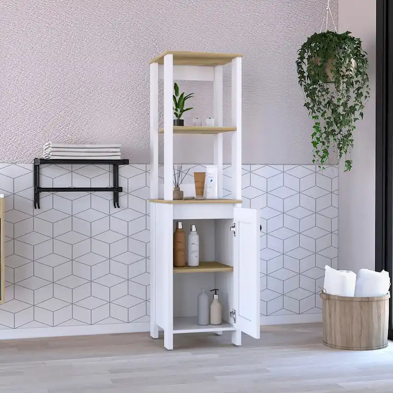 Badezimmer-Bodenschrank,Badezimmer-Aufbewahrungsschrank,Zwei Innenablagen,Zwei offene Ablagen,Einzeltür